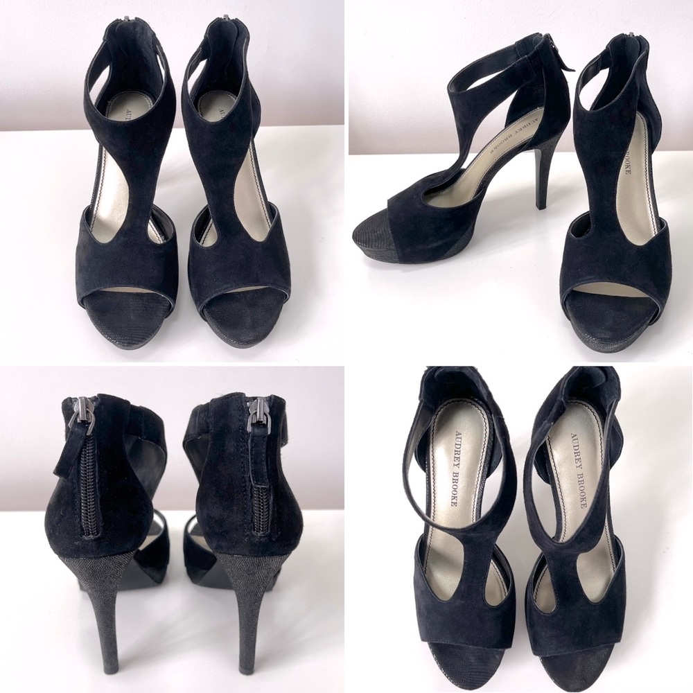 Audrey Brooke Size 8 Black Suede T-Strap Peep Toe Platform Heels